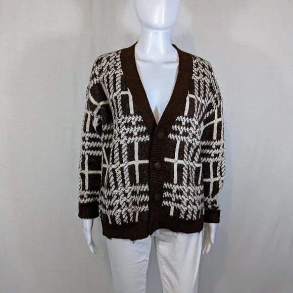 Cider 90s Brown/Ivory Chunky Cardigan Button Down V-Neck Sweater Womens M - Picture 2 of 5